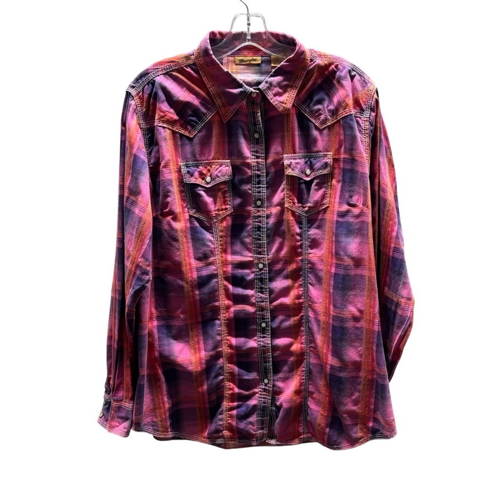 Wrangler Wrancher W Pearl Snap Shirt Plaid Long Sleeve  Purple Pink Blue XL